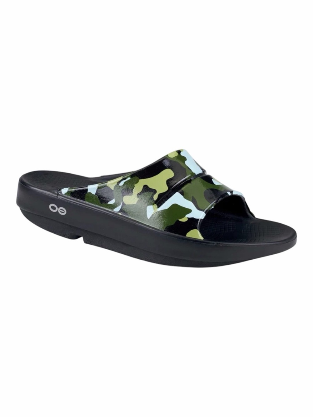 OOFOS Ooahh Sport Slide Unisex Camo Sandal in Black and Green